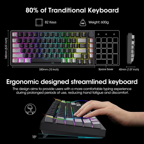 Vista 5 de KOORUI Teclados para juegos, 82 teclas, teclado mecánico de 26 teclas con retroiluminación RGB, compatible con Bluetooth2.4GhzUSB, batería
