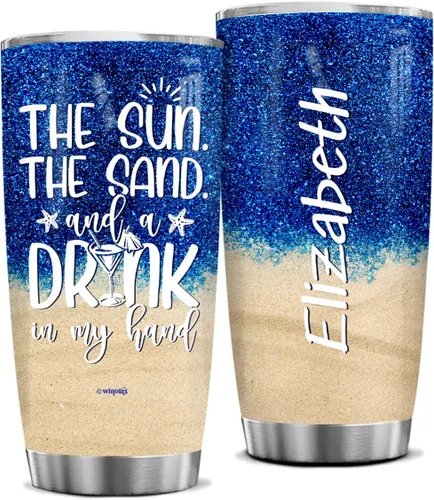 winorax Vaso de playa personalizado The San The Sun and a Drink In MY Hand, vaso de viaje de 20 onzas, 30 onzas, acero inoxidable, regalo