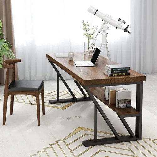 Vista 4 de Mesa moderna de madera maciza de metal, escritorio de computadora para oficina en casa, escritorio de estudio, con estante de almacenamiento/2.0 in