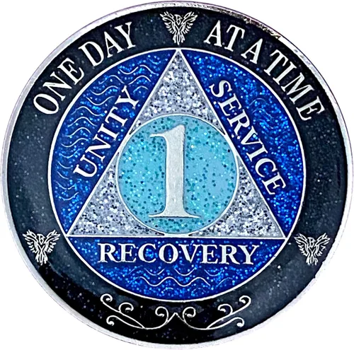 (años 1-50) Medallón de purpurina chapado en color plateado AA Recovery de 1 año, arcoíris negro, azul, moneda de purpurina plateada, cubierta de