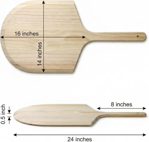 Vista 6 de KitchenDine Pela de madera para pizza, hoja de 16 x 14 pulgadas con mango de 8 pulgadas, madera de pino, longitud total de 24 pulgadas con borde