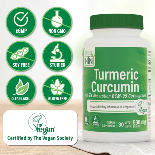 Vista 3 de Health Thru Nutrition Complejo de curcumina de cúrcuma de 500 mg como BCM-95 Curcugreen clínicamente estudiado Certificado vegano