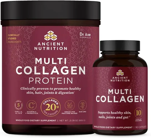 Ancient Nutrition Cápulas de colágeno múltiple, 90 unidades + polvo de proteína de colágeno múltiple, sin sabor, 60 porciones