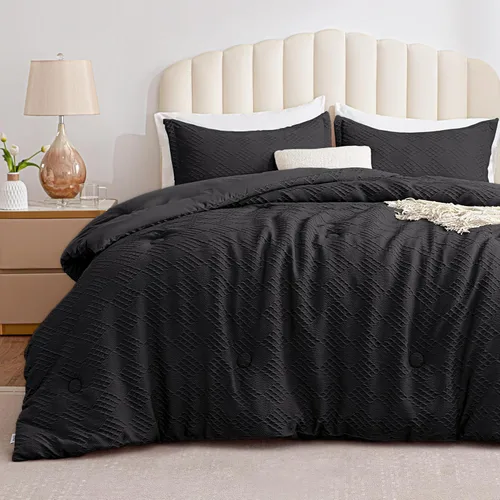 EXQ Home Edredón Waffle tamaño Queen – Juego de edredón súper suave con diseño en relieve de 3 piezas, juego de ropa de cama negro con patrón de