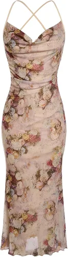 Vista 44 de SOLY HUX Vestido de malla floral para mujer, vestido largo para cóctel Floral azul