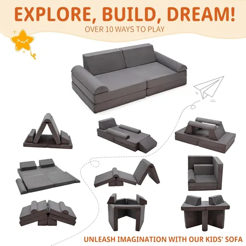 Vista 4 de 8 piezas Sofá Modular para Niños, Sofá de Juego para Niños Pequeños para Sala de Juegos Dormitorio, Sofá Convertible de Espuma y Piso para Niños