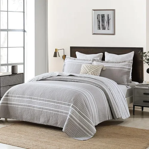 Vista 19 de PERHOM Juego de edredón 100% algodón tamaño Queen - 3 piezas, estilo bohemio, a rayas, ligero, suave, transpirable, juego de ropa de cama beige gris