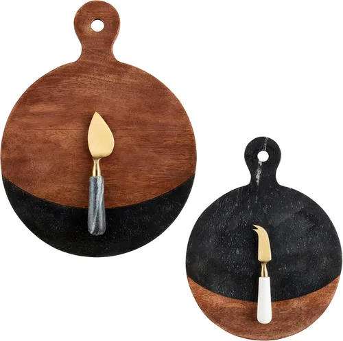 Vista 2 de Mud Pie Juego de tablero de mármol y madera negro, tablero de 13 3/4 "x 10 1/2" de diámetro Utensilio de aproximadamente 5 1/2 pulgadas