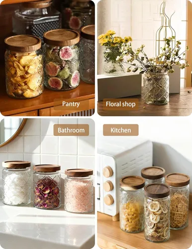 Vista 6 de Tarro de vidrio vintage con tapa de madera, recipientes herméticos de Navidad para encimera de cocina, baño, almacenamiento de dulces, galletas