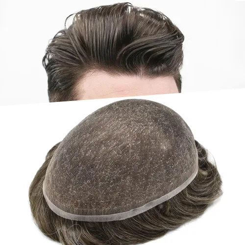 Vista 35 de Toupee - Sistema de reemplazo de piezas de cabello humano real, encaje suizo suave frontal para hombre, nudo blanqueado, línea capilar natural