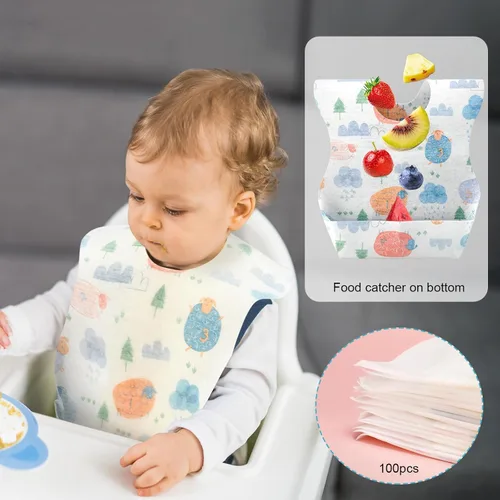 Vista 2 de Shinymoon 100 baberos desechables para bebé, envueltos individualmente, baberos de viaje, impermeables, atrapadores de alimentos para niños y niñas