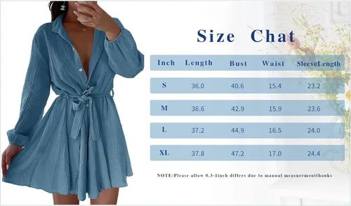Vista 5 de Saodimallsu Vestido camisero de manga larga con botones para mujer casual holgado cuello en V con vuelo con cinturón