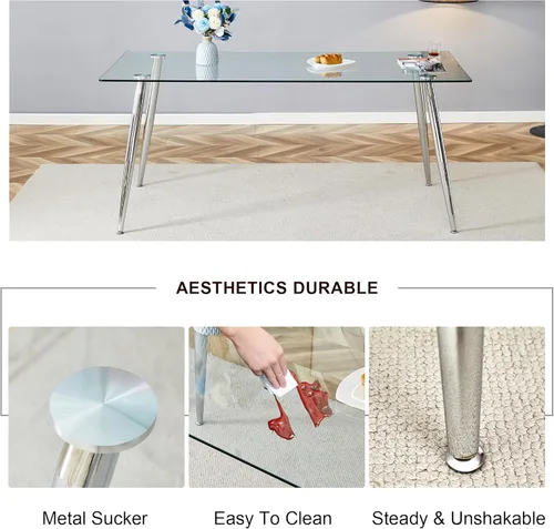 Vista 5 de A 71"x35.4" Heat Resistant Clear Tempered Glass Dining Table with Silver Metal Legs