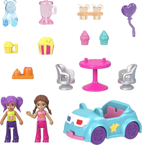 Vista 7 de Polly Pocket Pollyville Muñecas y juego de juego, autocine con 2 micro muñecas, 1 auto de juguete y 11 accesorios