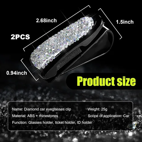 Vista 2 de Dickno 2 piezas de soporte para lentes de sol con pedrería para visera de coche, soporte para lentes de sol con strass con clip para tarjetas
