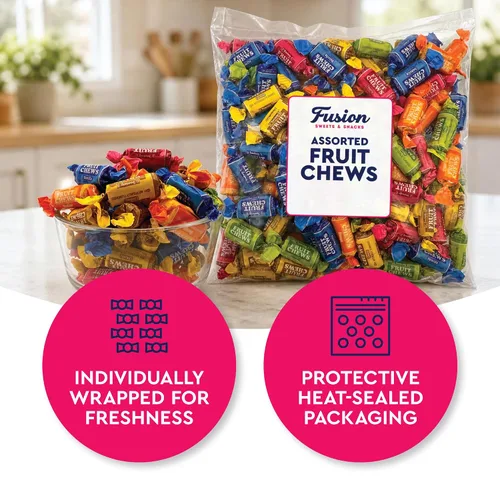 Vista 5 de Caramelos masticables de frutas, bolsa de 2 libras, envueltas individualmente, sin gluten Cherry, Lemon, Lime, Orange, Vanilla Flavors, Soft Chewy