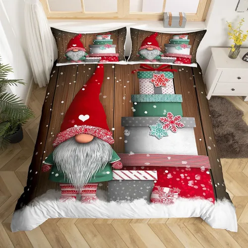 Vista 11 de Juego de funda de edredón con estampado de gnomos navideños escandinavos, juego de ropa de cama de Papá Noel, juego de funda de edredón de Navidad