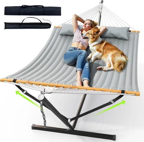 Vista 9 de ANAGOO Hamaca doble con soporte, hamaca de exterior resistente para dos, capacidad de 500 libras, marco de acero estable con correa de equilibrio