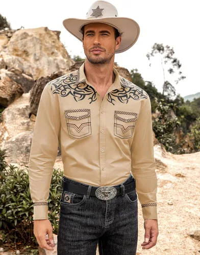 Vista 2 de COOFANDY Camisa vaquera occidental bordada de manga larga casual de algodón con botones a presión y bolsillos para hombre