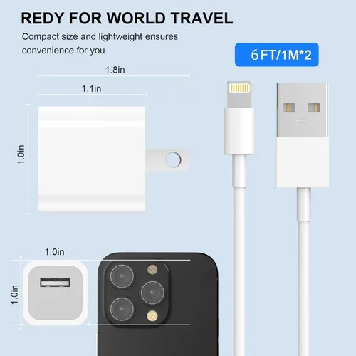 Vista 3 de Cargador de iPhone, [certificado MFi] Paquete de 2 cables Lightning de 6 pies de sincronización de datos con 2 cargadores de pared USB adaptador