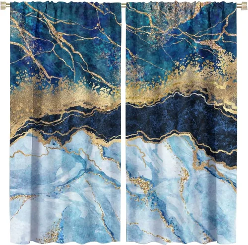 Vista 57 de Cortinas abstractas de mármol de lujo de lujo azul marino dorado a rayas con patrón de mármol estampado para dormitorio, sala de estar, cortinas