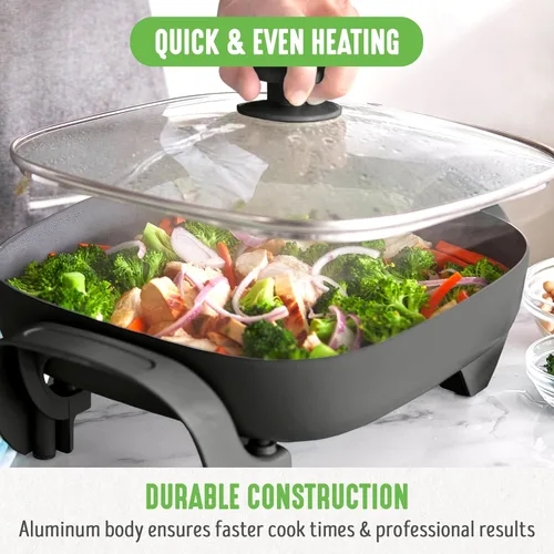 Vista 6 de GreenLife - Sartén eléctrica cuadrada de 12" 5QT, tapa de vidrio con ventilación, interior antiadherente de cerámica libre de PFAS, control