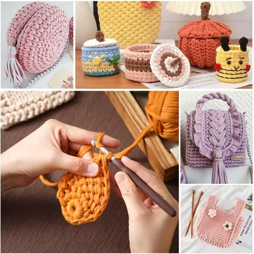 Vista 4 de SIMEIQI 2 piezas de tela elástica para camisetas, hilo de crochet para tejer DIY, hilo de punto grueso tipo espagueti para proyectos de bolsos
