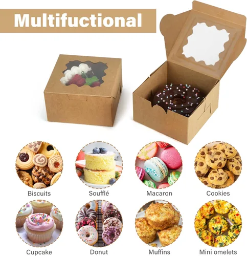 Vista 6 de LotFancy 60 cajas de panadería marrones con ventana, 4 x 4 x 2.5 pulgadas, cajas pequeñas para galletas, mini cajas de golosinas para mini pasteles