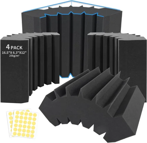 Focusound Paquete de 4 trampas de espuma acústica para esquinas de bajos de 16.5 x 6.3 x 12 pulgadas, paneles de espuma acústica insonorizados,