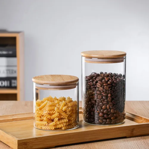 Vista 8 de MOLFUJ Contenedor de almacenamiento de vidrio de 18.6 fl oz / 18 onzas líquidas con tapa de madera, organizador decorativo transparente apilable