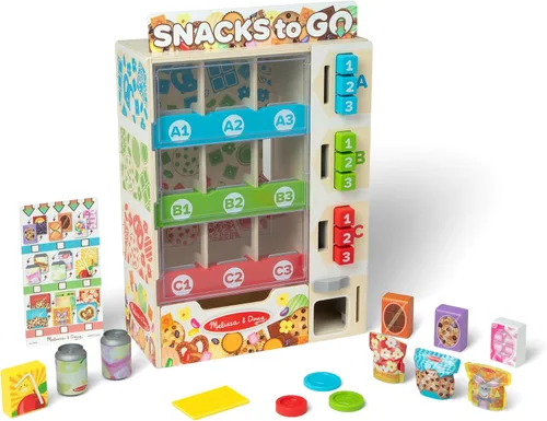 Melissa & Doug Sort-Stock-Select - Máquina expendedora de madera de juguete con comida para jugar, mini máquina expendedora de juguetes y dinero de