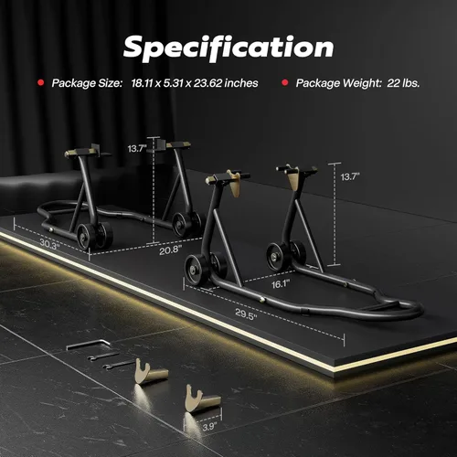 Vista 8 de SPECSTAR Soportes universales para motocicleta, capacidad de 882 libras, ruedas delanteras y traseras, combo de elevación con carrete de basculante
