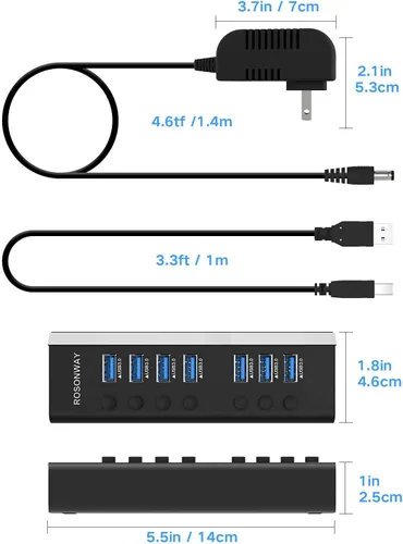 Vista 8 de Hub USB 3.0 alimentado Rosonway de aluminio con 7 puertos USB 3.0 Divisor de datos con adaptador de alimentación de 24W (12V/2A) y interruptores
