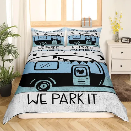 Feelyou Funda de edredón para cámper, tamaño individual, funda de edredón de campamento para caravana, juego de ropa de cama con letras escritas