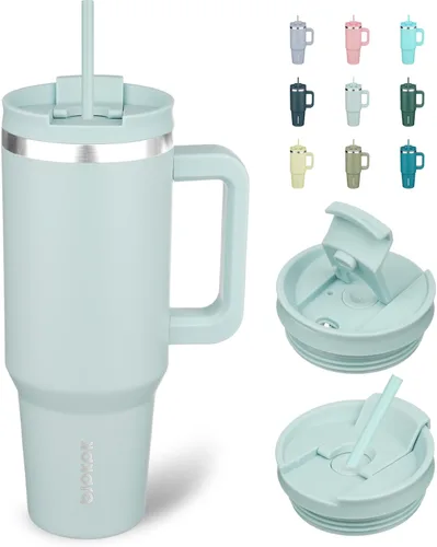 Vista 13 de BJPKPK Vasos aislados con asa y pajita, vasos térmicos de acero inoxidable de 30 onzas con tapa, color verde militar