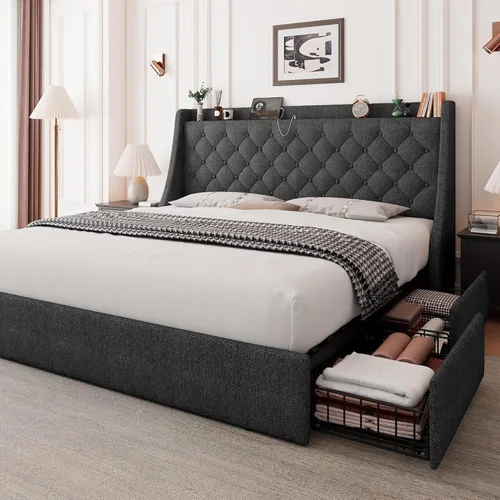 Vista 8 de Feonase - Base de cama tamaño Queen con 4 cajones de almacenamiento, cama tapizada con estación de carga, cabecera tapizada con respaldo abatido,