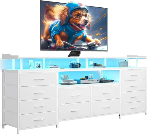 Vista 11 de BTHFST Mueble de TV de 12 cajones para TV de 65/70 pulgadas, centro de entretenimiento con luces LED y tomas de corriente, mueble de TV LED grande