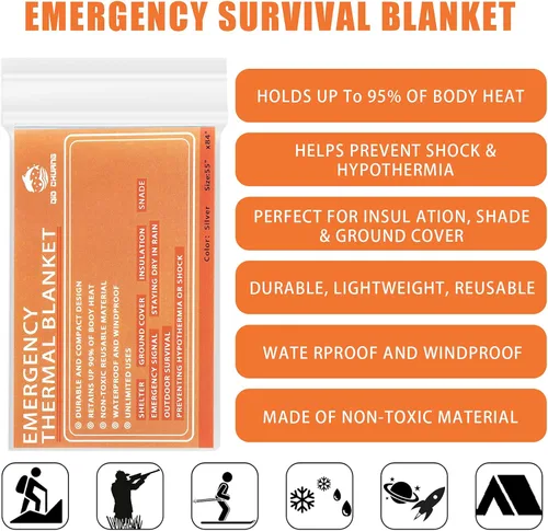 Vista 3 de Emergency Mylar Thermal Blankets -Space Blanket Survival kit Camping Blanket (Pack of 6). Perfect for Outdoors, Hiking, Survival, Bug Out Bag