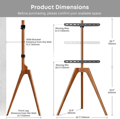 Vista 3 de PUTORSEN Soporte de TV con caballete de madera de alta calidad, trípode ajustable para pantalla LCD LED de 45 a 65 pulgadas, con estante superior