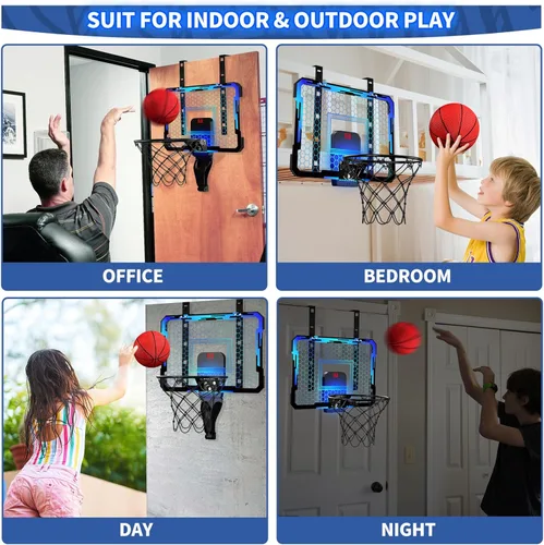Vista 8 de QDRAGON Aro de baloncesto para interiores para niños, mini aros de baloncesto sobre la puerta con 7 luces LED, juguetes de baloncesto, regalos