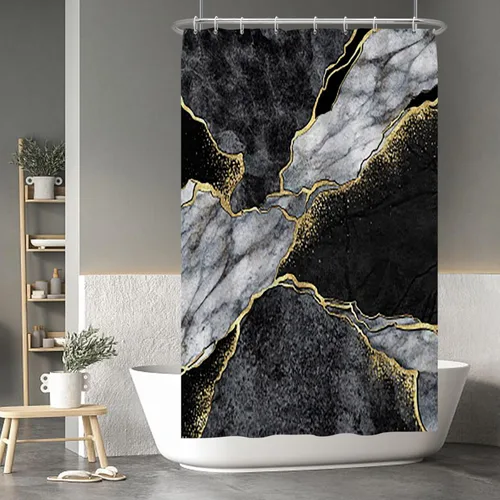 Vista 129 de Baocicco Cortina de ducha de mármol azul abstracto a rayas, decorativa, textura de lujo, línea moderna, decoración de acuarela, juego de cortinas