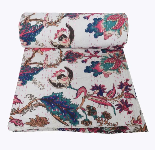 Vista 2 de YUVANCRAFTS Colcha Kantha de algodón con estampado de bloques indios Kantha, colcha vintage de Kantha, colcha de tamaño Queen