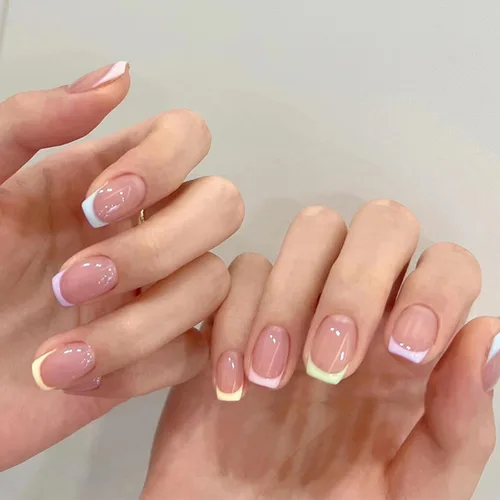 Vista 2 de Uñas postizas a presión de punta francesa, uñas postizas cuadradas cortas, coloridas y brillantes, uñas postizas naturales reutilizables, uñas