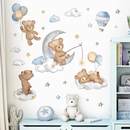 Vista 2 de decalmile Calcomanías de pared de oso durmiendo en la luna, globos aerostáticos, animales, nubes, calcomanías de pared para habitación de bebé