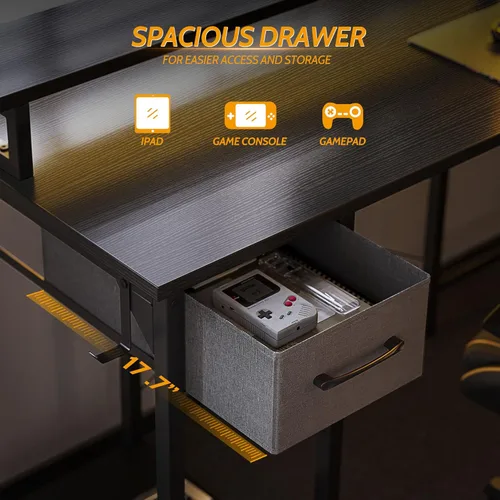 Vista 47 de CubiCubi Escritorio en forma de L de 59 pulgadas con puertos de carga USB y luces LED, escritorio de esquina para computadora con cajón y estante