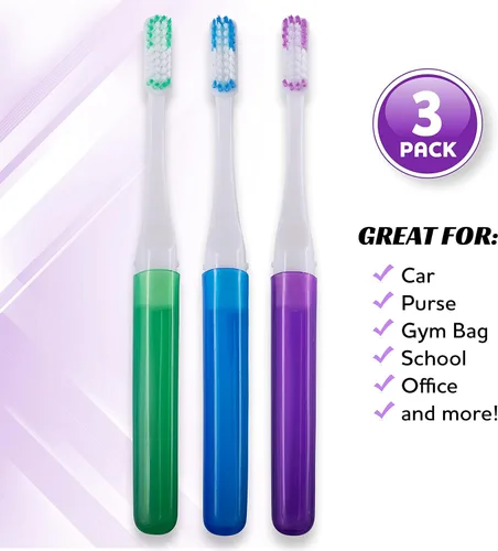 Vista 5 de Lingito Mini cepillo de dientes con tapa, tamaño de camping y viaje con funda, kit para adultos (paquete de 3)