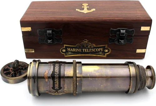 Telescopio náutico vintage de latón de 14 pulgadas con caja de madera - Cristal espía de mano para uso marino, pirata y capitán