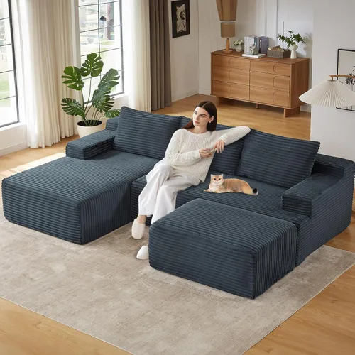 Vista 12 de Sofá modular de 95 pulgadas con otomana, moderno sofá nube de pana con asiento profundo, sofá sin hueso tapizado de 3 plazas en forma de U para sala