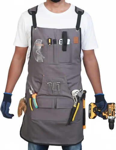 Woodworking Apron for Men - 9 Reinforced Pockets Durable Canvas Padded Cross Straps - Woodworking Gifts for Men