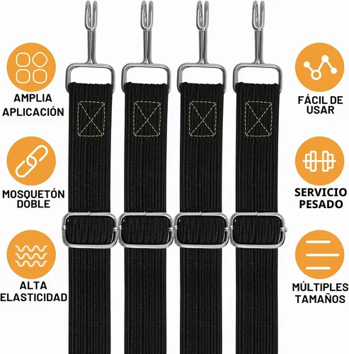 Vista 4 de Cuerdas elásticas resistentes para exteriores, cuerdas elásticas largas y ajustables con ganchos planos, correas elásticas de goma de alta Negro